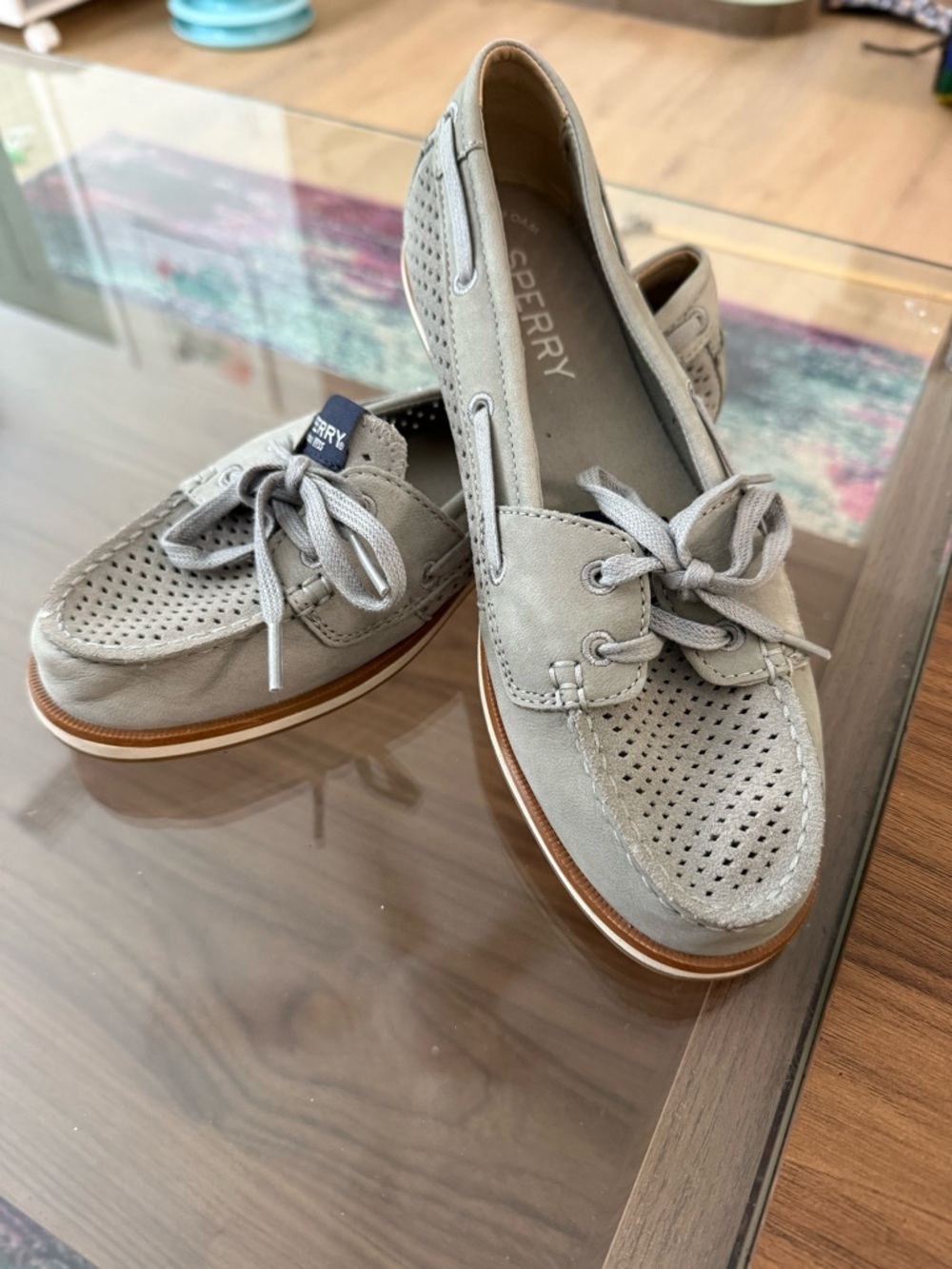 Sperry Perforated Suede Boat Shoes in Light Gray with Brown Welt
